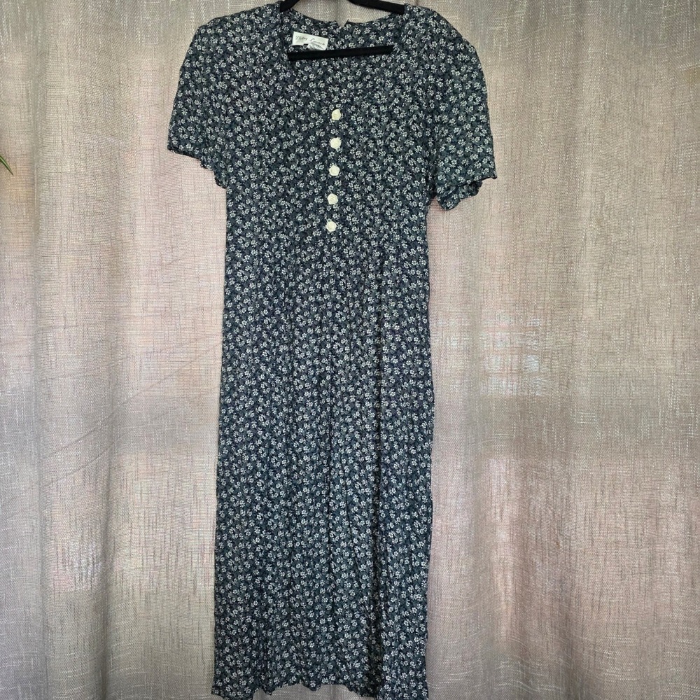 Vintage 90s Betsy Lauren Ditsy Floral Rayon Midi Dress 14Dark Teal Cottagecore